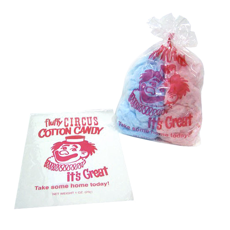 clear cotton candy bags with red clown design