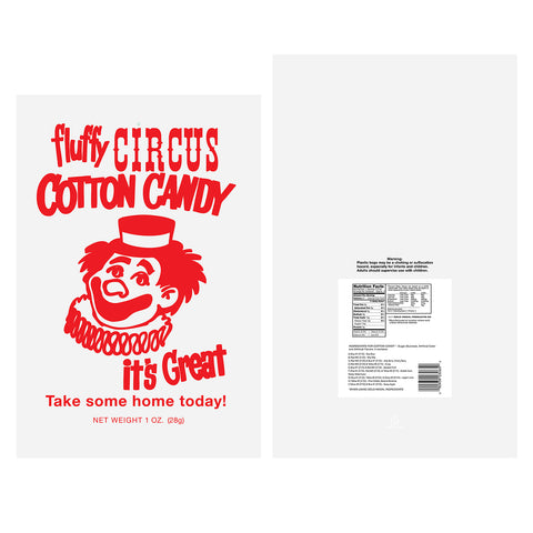 side-by-side view of front and back of cotton candy bags with red clown design