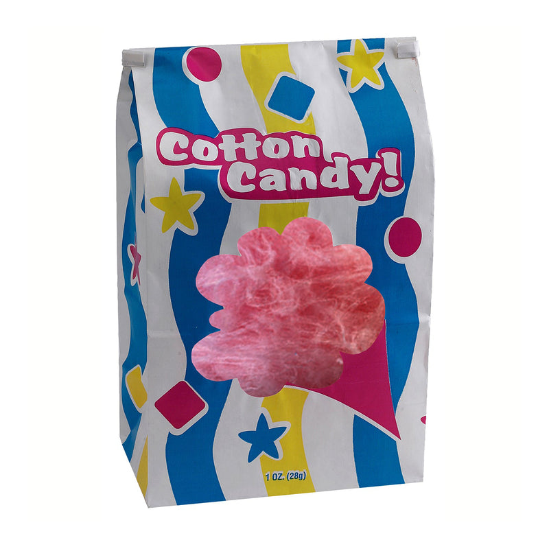 laminated cotton candy bags with window and pink, blue, and yellow design