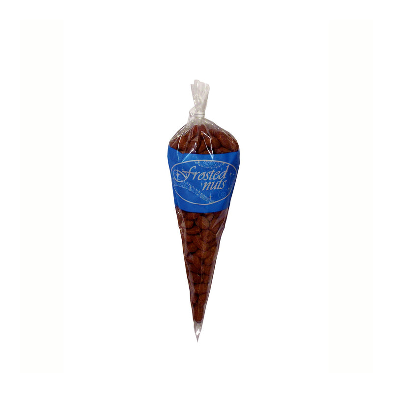 cone-shaped clear plastic bag with blue graphic that reads Frosted Nuts