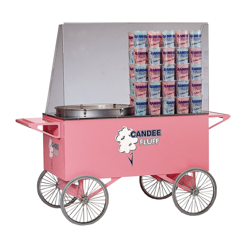 long pink four-wheeled wagon with  Candee Fluff logo shown with cotton candy machine and packages of cotton candy displayed