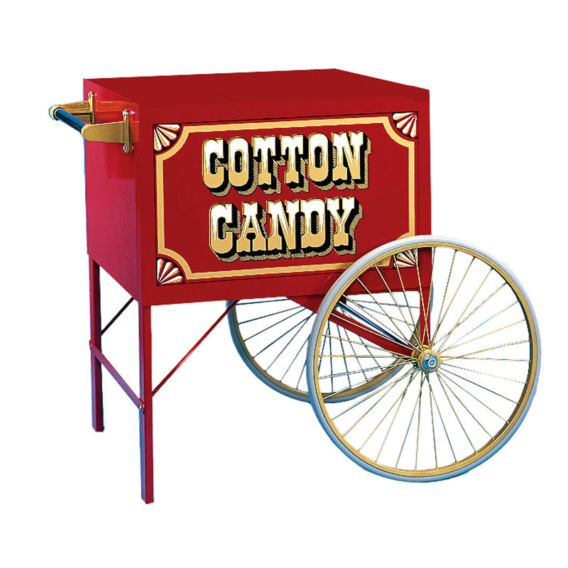 red and gold old-fashioned two-wheeled cart with Cotton Candy in gold text