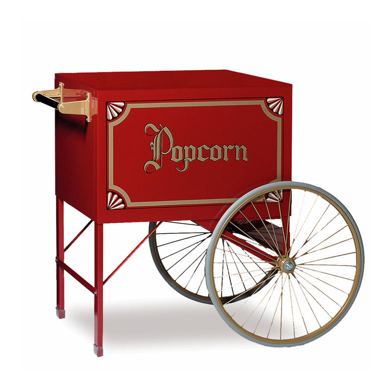 red and gold old-fashioned two-wheeled cart with Popcorn in gold text