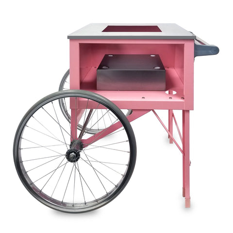 back view of pink cotton candy cart showing opening with shelf for cotton candy machine