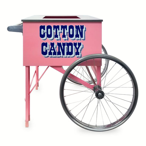 front view of two-wheeled pink cotton candy cart with Cotton Candy in blue lettering