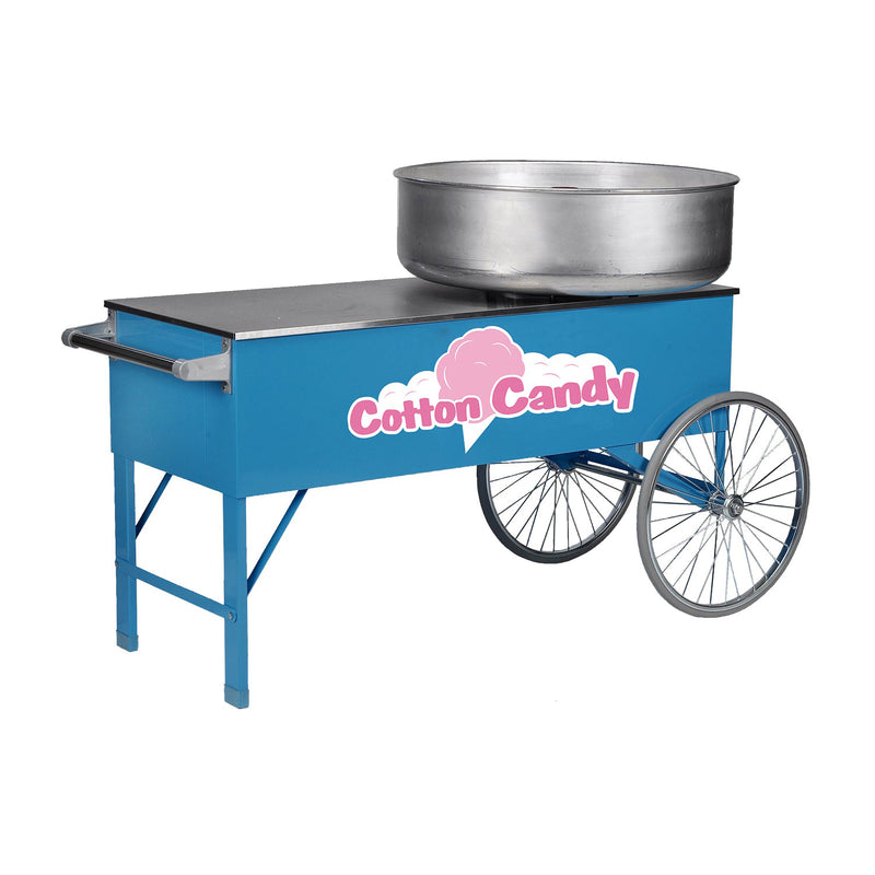 long blue two-wheeled cotton candy wagon with pink Cotton Candy logo shown with cotton candy machine (sold separately)