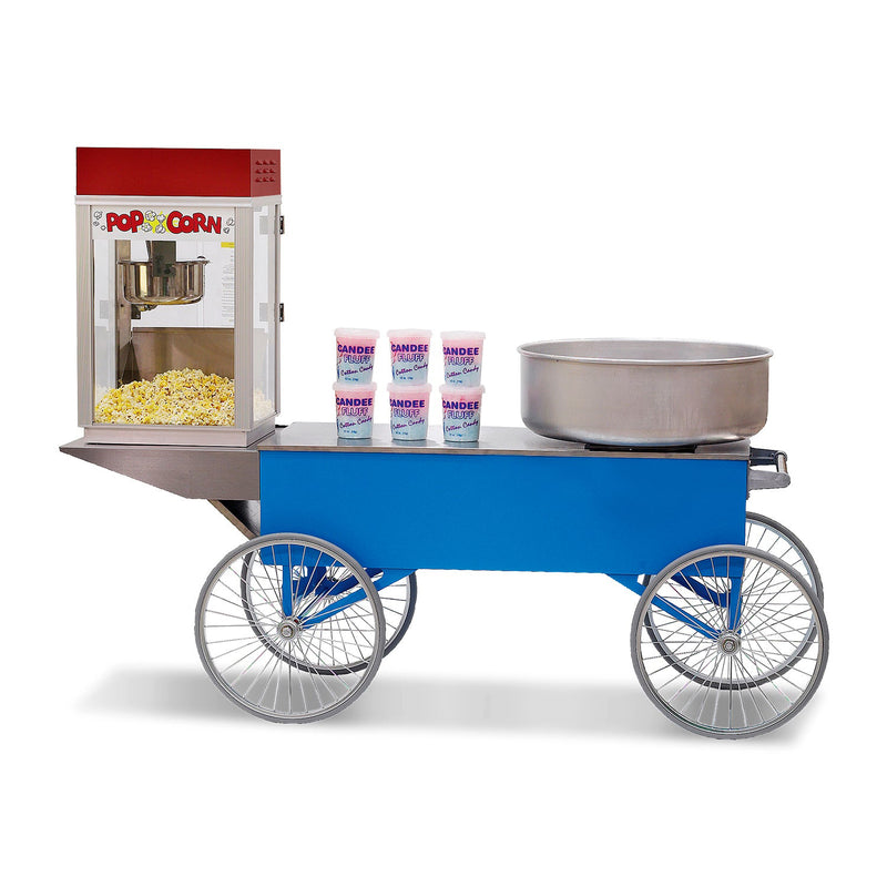 long blue two-wheeled cotton candy wagon shown with cotton candy machine and popper (sold separately)