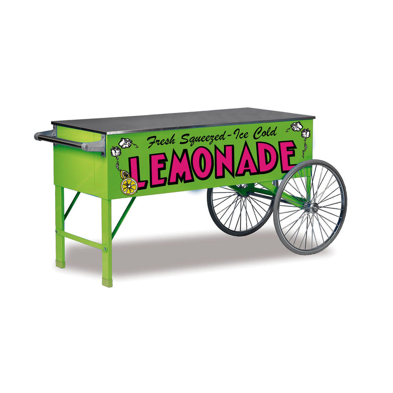long green two-wheeled lemonade wagon with pink lemonade logo