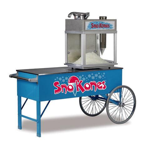 long blue two-wheeled Sno-Kone wagon with Sno-Kones logo shown with Sno-Kone machine (sold separately)