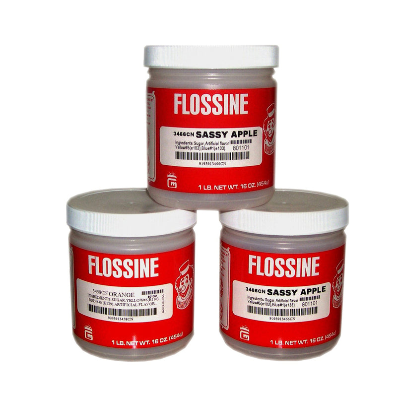 stack of three one-pound cans of Flossine with red labels