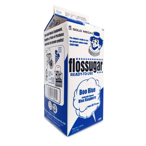 angled view of 1/2-gallon carton of Boo Blue Blue Raspberry Flossugar