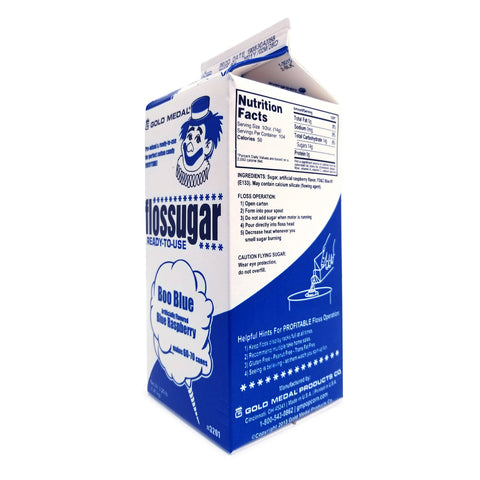 angled view of 1/2-gallon carton of Boo Blue Blue Raspberry Flossugar