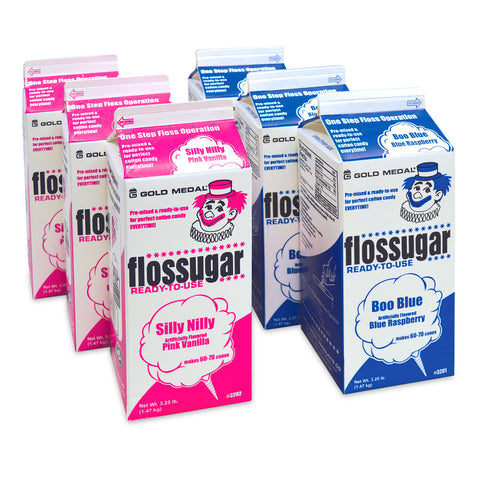 three 1/2-gallon cartons of Boo Blue Blue Raspberry Flossugar and three 1/2-gallon cartons of Silly Nilly Pink Vanilla Flossugar