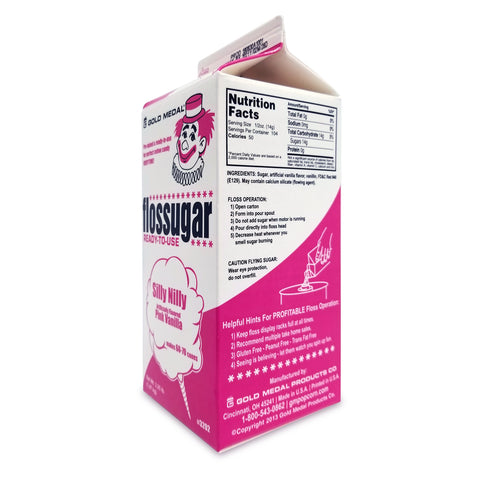 angled view of 1/2-gallon carton of Silly Nilly Pink Vanilla Flossugar