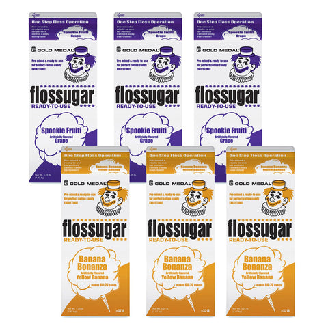 three 1/2-gallon cartons of Grape Flossugar and three 1/2-gallon cartons of Banana Flossugar