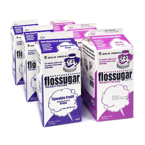 three 1/2-gallon cartons of Grape Flossugar and three 1/2-gallon cartons of Bubble Gum Flossugar