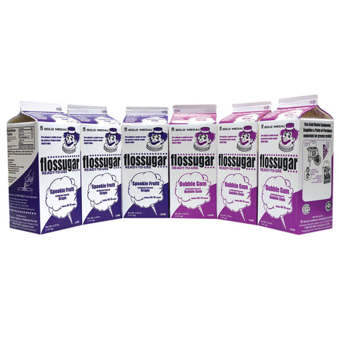 three 1/2-gallon cartons of Grape Flossugar and three 1/2-gallon cartons of Bubble Gum Flossugar