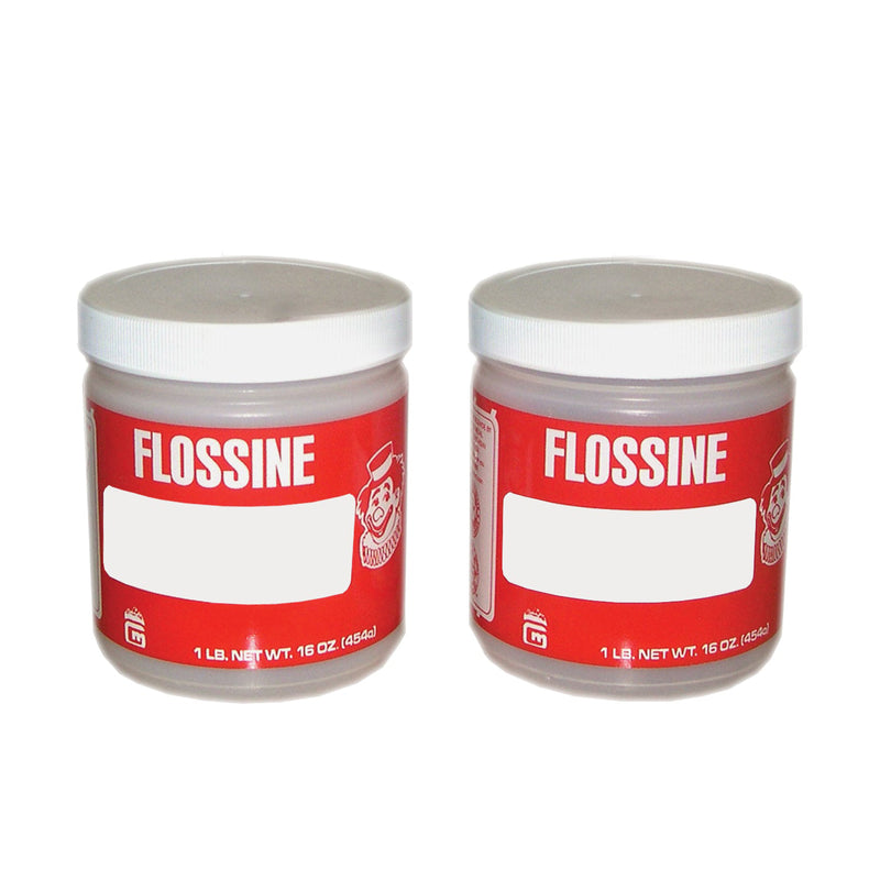 two canisters of flossine with red labels