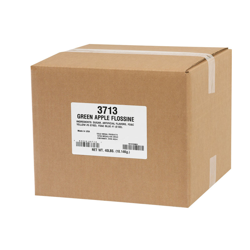 brown cardboard box with white label reading Green Apple Flossine