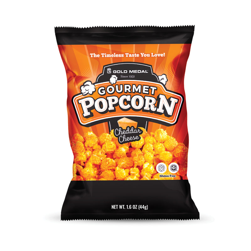 front view of orange and black bag of cheddar cheese ready-to-eat gourmet popcorn