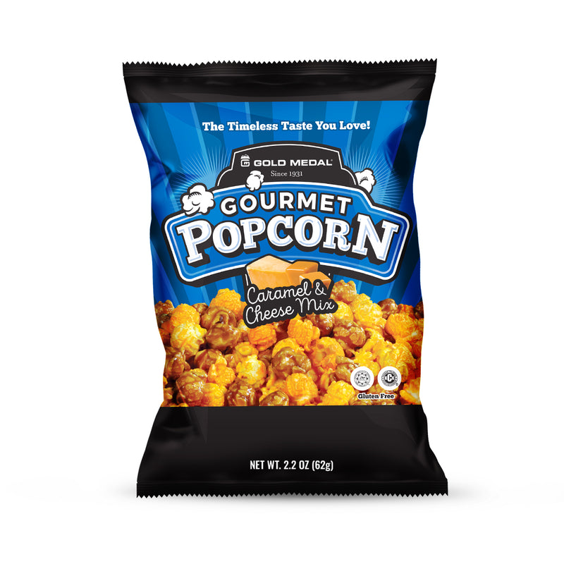 front view of blue and black bag of caramel and cheese mix ready-to-eat gourmet popcorn
