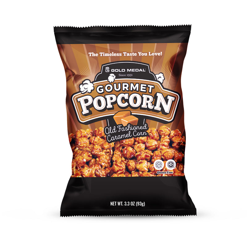 front view of brown and black bag of old-fashioned caramel corn ready-to-eat gourmet popcorn