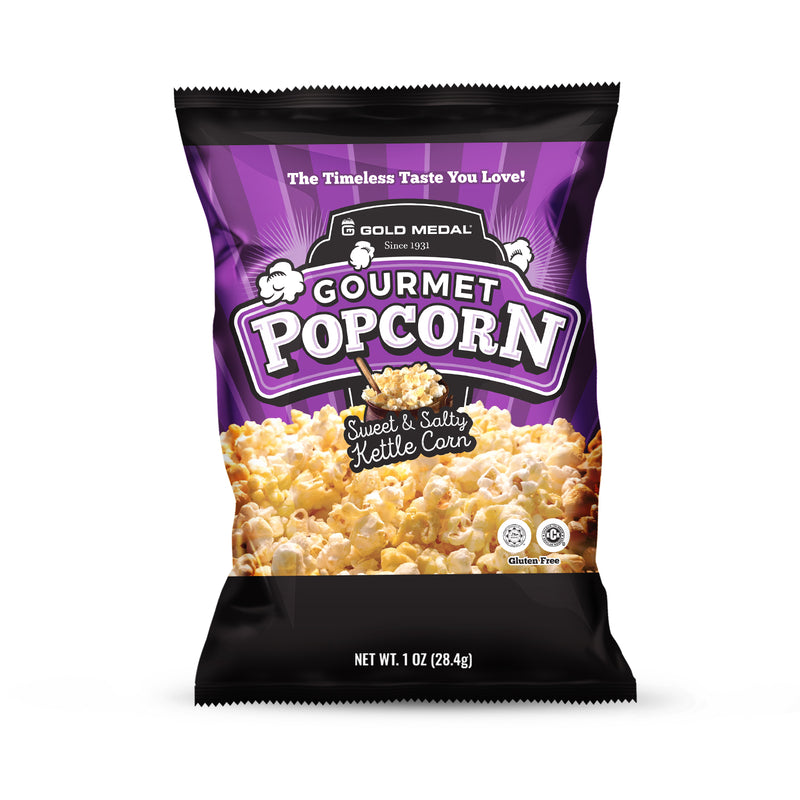 front view of purple and black bag of kettle corn ready-to-eat gourmet popcorn