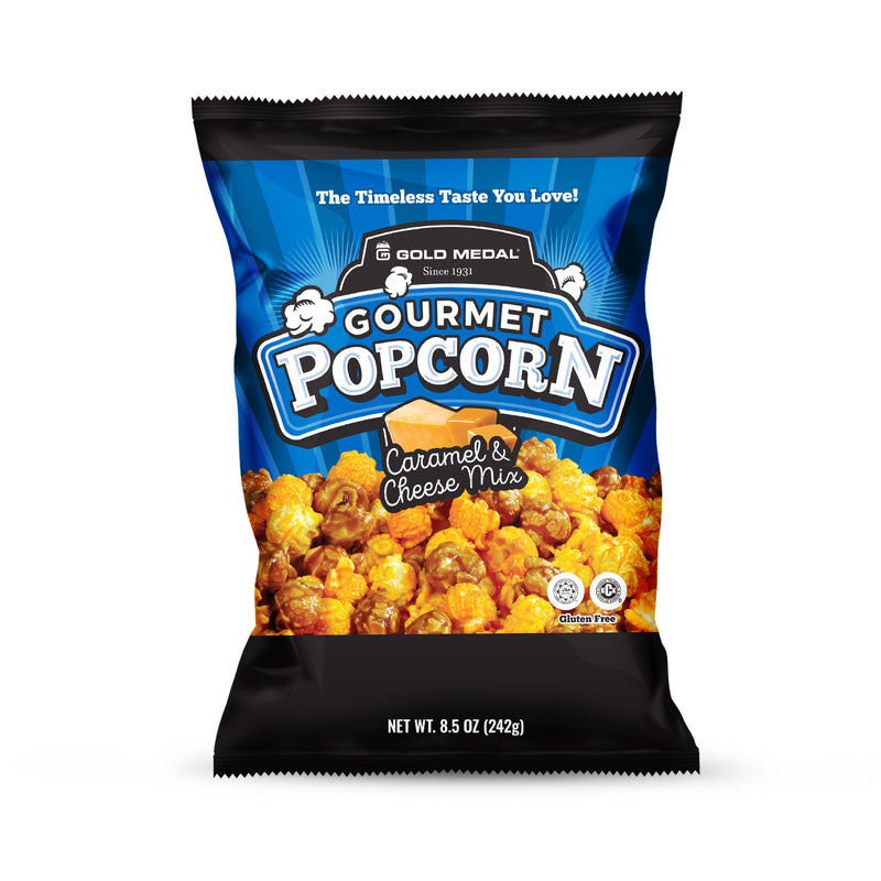 front of Caramel and Cheese Mix gourmet popcorn bag