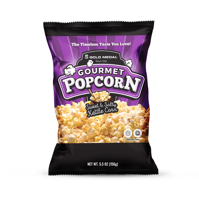front of Kettle Corn gourmet popcorn bag