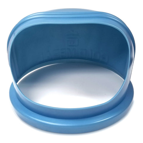 front view of curved blue enclosed plastic bubble for cotton candy machines