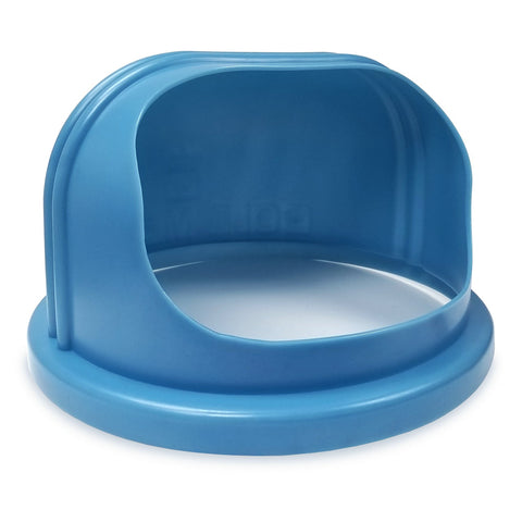 angled view of curved blue enclosed plastic bubble for cotton candy machines