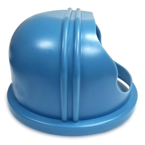 side view of curved blue enclosed plastic bubble for cotton candy machines