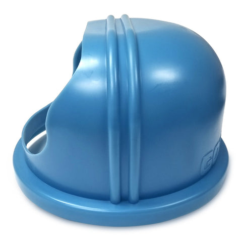 side view of curved blue enclosed plastic bubble for cotton candy machines