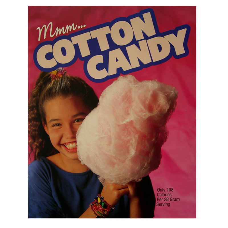 poster of girl holding large cone of pink cotton candy