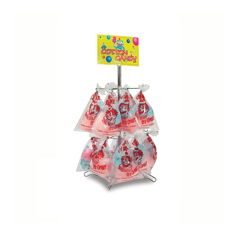 metal display rack holding bags of cotton candy with signage