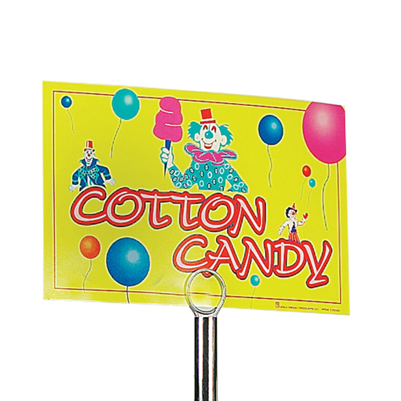 sign that says cotton candy and has images of clowns on a yellow background