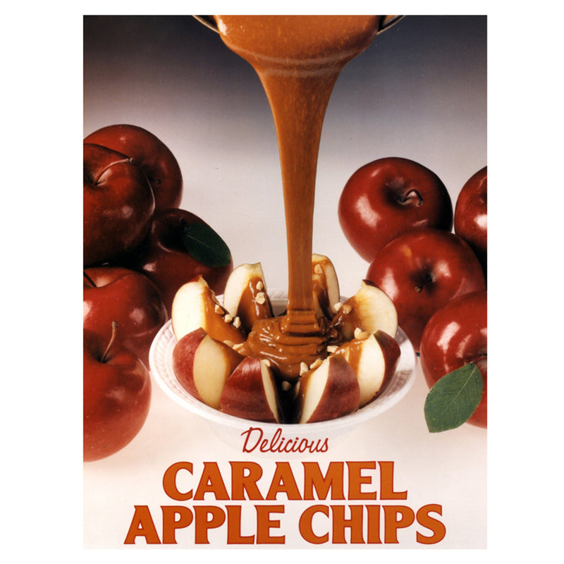 poster of caramel being poured on top of sliced apple