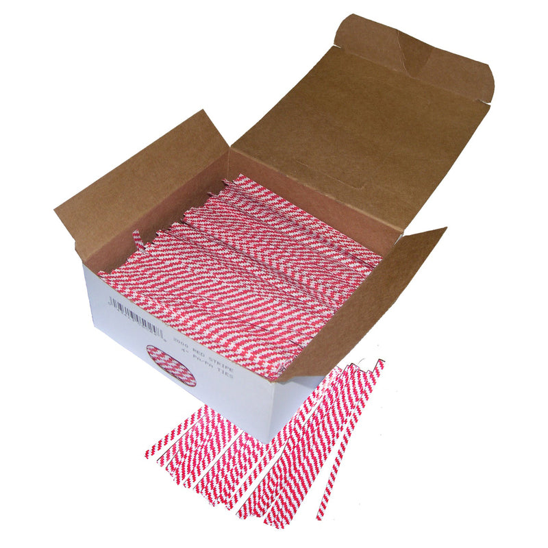 Opened box of red and white striped twist ties.