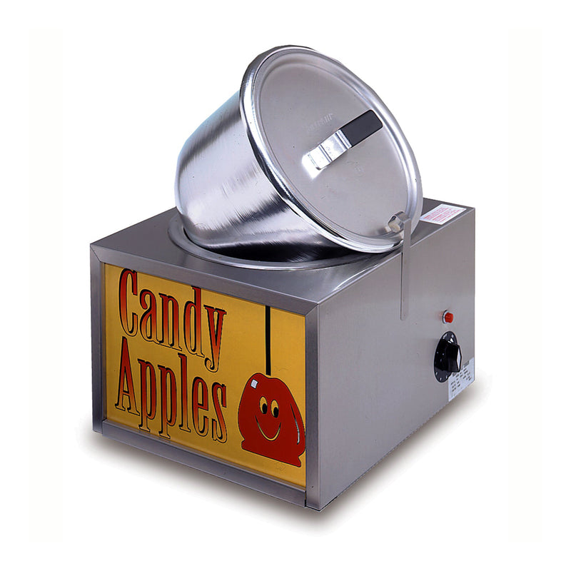 Metal square box with circular opening in the top, and stainless steel sitting tilted to the right in the opening. Candy Apples yellow and red graphic on the front.