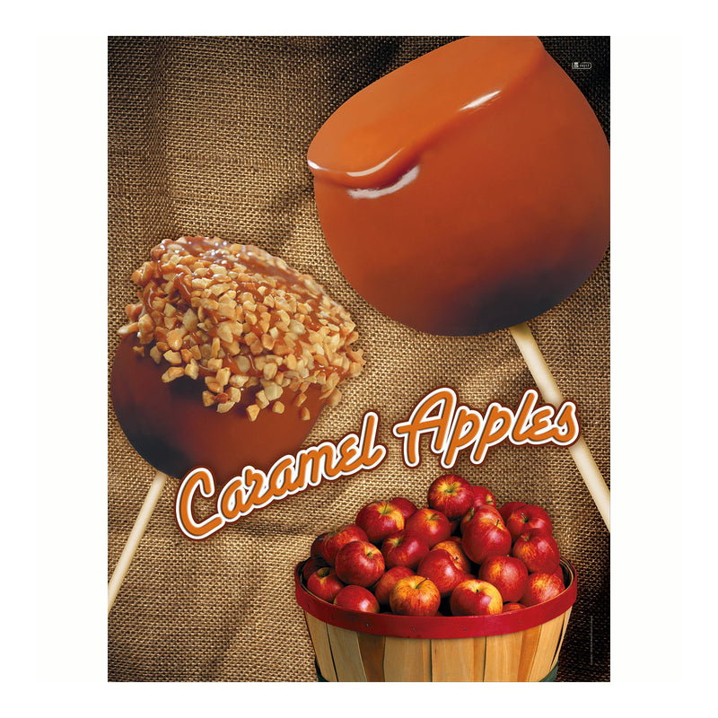 Poster of a caramel apple, a caramel apple with nuts and a basket of red apples with the words Caramel Apples on a brown burlap bag background.