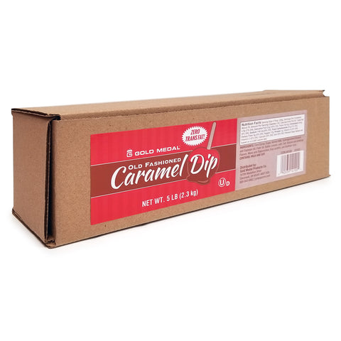 Long rectangle brown box with a red label saying Old Fashioned Caramel Dip in red, white and brown.