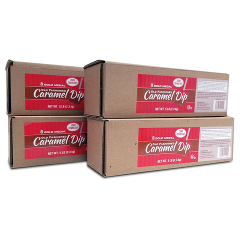 4 long rectangle brown boxes, each with a red label saying Old Fashioned Caramel Dip in red, white and brown.