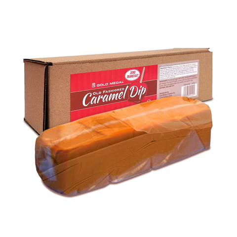 Long rectangle brown box with a red label saying Old Fashioned Caramel Dip in red, white and brown. Block a caramel in a clear bag sitting in front of box.