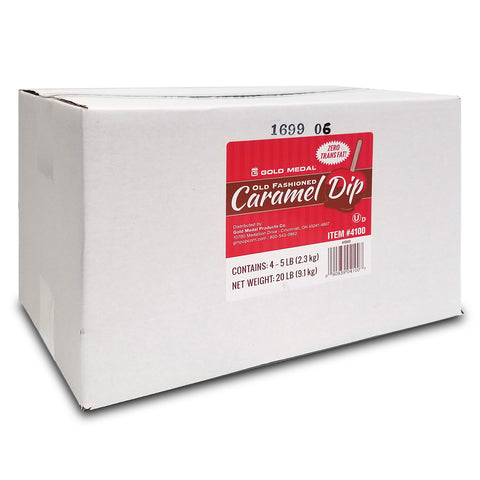 White box holding a case of 4 caramel blocks with red, brown and white label stating Old Fashioned Caramel Dip.