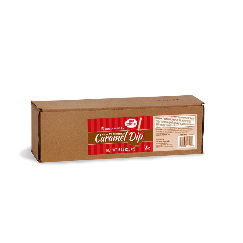 Long rectangle brown box with a red label saying Old Fashioned Caramel Dip in red, white and brown. 
