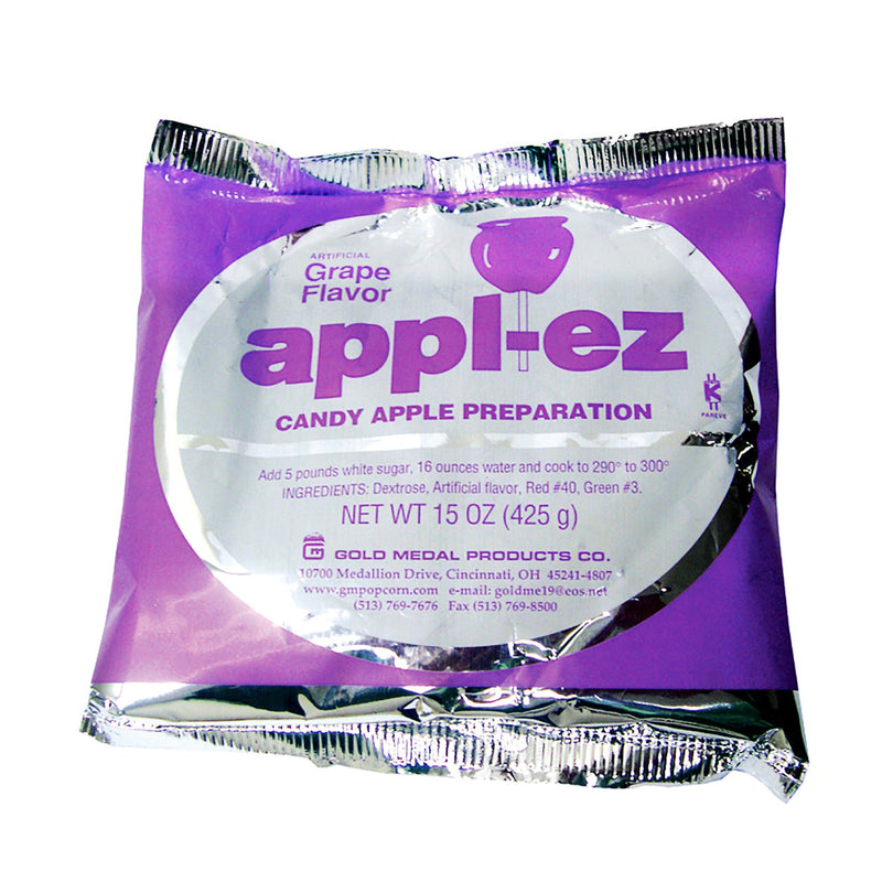 Silver, purple and white mylar package with text stating grape flavor apple ez mix for candy apple preparation.