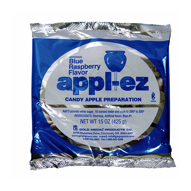Silver, blue and white mylar package with text stating blue raspberry flavor apple ez mix for candy apple preparation.