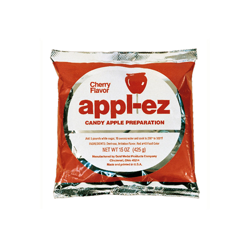 Silver, red and white mylar package with text stating cherry flavor apple ez mix for candy apple preparation.