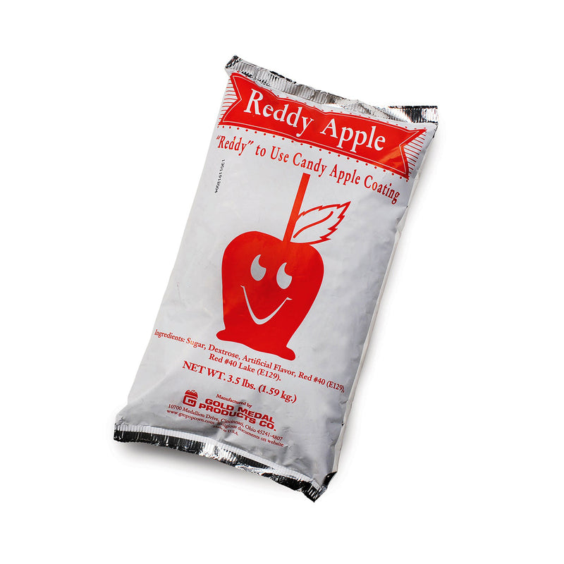 Silver, red and white mylar package with text stating reddy apple mix to use as candy apple coating.