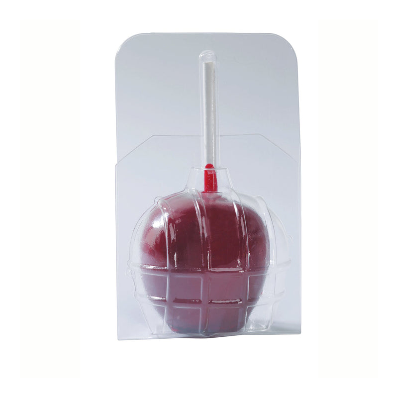 Clear package holding a red candy apple on a stick.